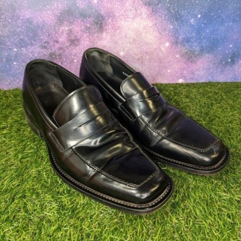 Via Spiga Black Smooth Leather Apron Toe Italian Penny Loafers Men's Shoes Sz 8